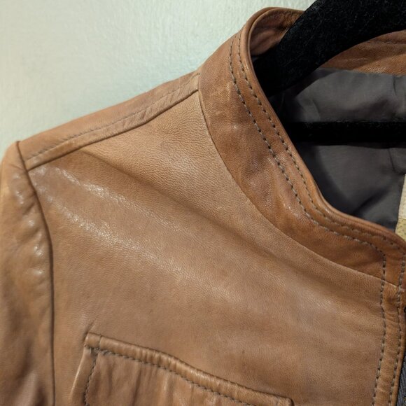 Fossil Womens Leather Bomber Jacket Brown Size Small Front Pockets Ribbed Trim - Picture 7 of 13